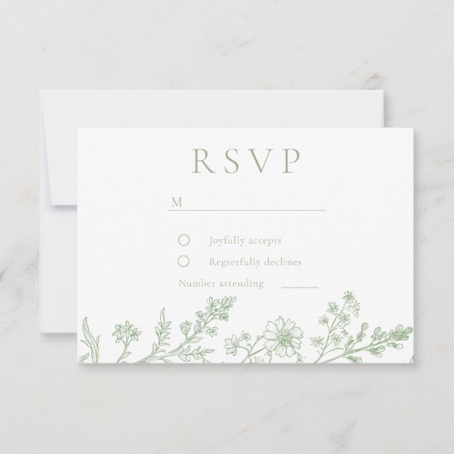 Gorgeous Sage Line Art Wedding  RSVP Card (Front)