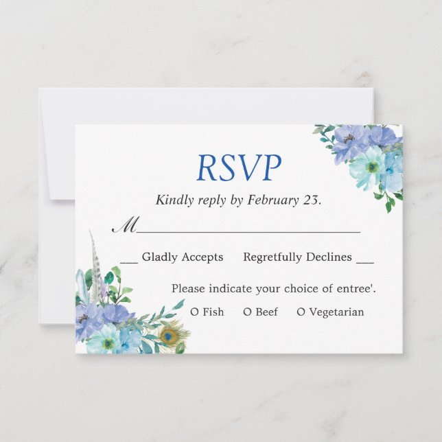 Gorgeous Sapphire Blue Floral Chic Wedding RSVP (Front)