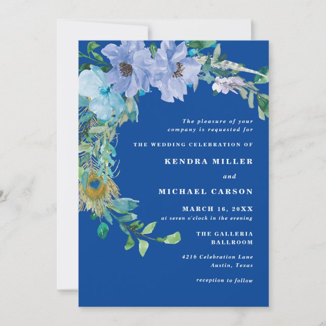 Gorgeous Sapphire Blue Floral Wedding Invitation (Front)