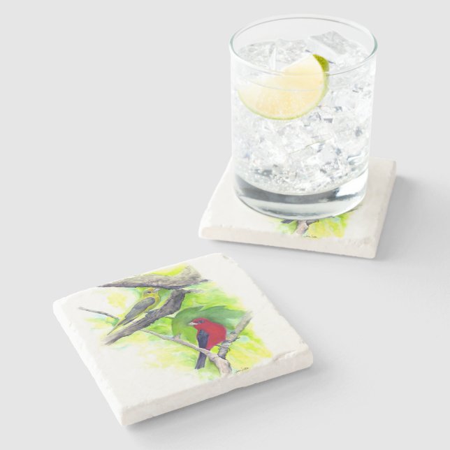 Gorgeous Scarlet Tanagers Birds Painting Stone Coaster (Side)