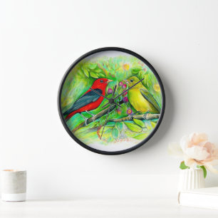 Gorgeous Scarlet Tanagers Watercolor Art Clock