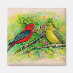 Gorgeous Scarlet Tanagers Watercolor Painting Magnet