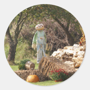 Gorgeous Scenic Fall Scarecrow Pumpkin Photograph Classic Round Sticker