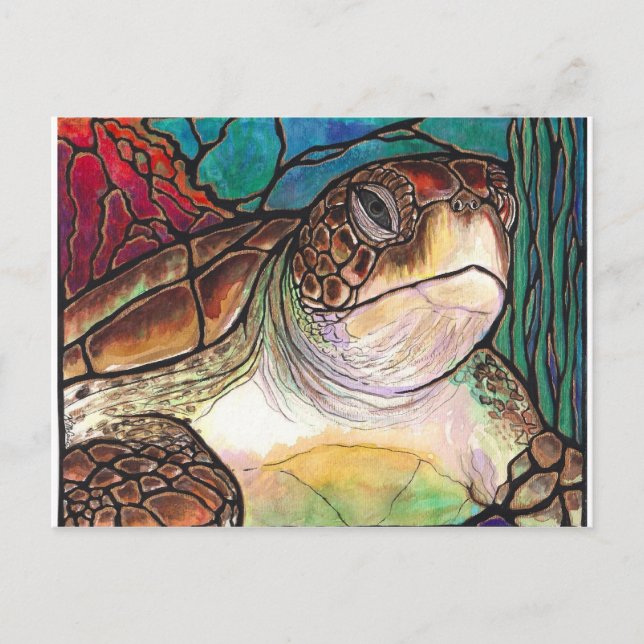 Gorgeous Sea Turtle Stained Glass Style Art Postcard (Front)