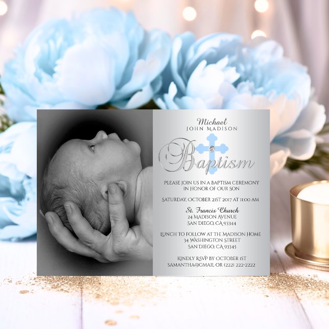 Gorgeous Silver Blue Cross Boy PHOTO Baptism Invitation (Gorgeous Silver Blue Cross Boy PHOTO Baptism Invitation)
