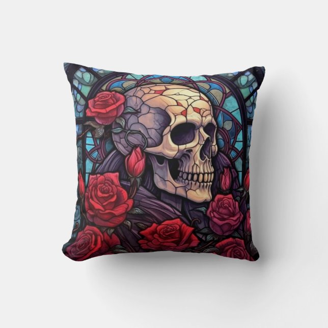 Gorgeous Skull and Red Roses Cushion (Front)