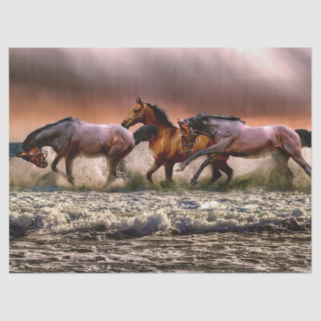 Gorgeous Stallions Running Through Ocean Waves Tissue Paper (Front)