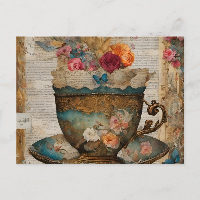 Gorgeous Teacup Mixed Media Collage Painting Postcard (Front)