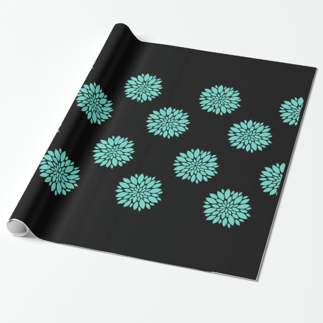 Gorgeous Teal Peonies on Black Gift Wrap Wrapping (Unrolled)