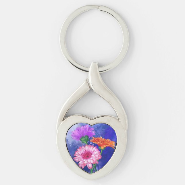 Gorgeous Three Colour Gerberas - Migned Art Drawin Key Ring (Front)