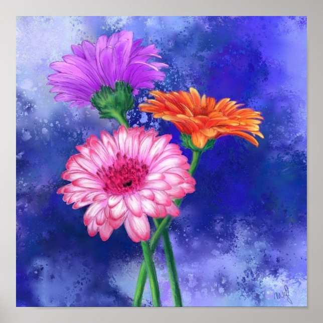 Gorgeous Three Colour Gerberas - Migned Art Drawin Poster (Front)