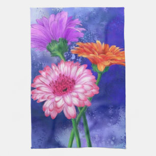 Gorgeous Three Colour Gerberas - Migned Art Drawin Tea Towel