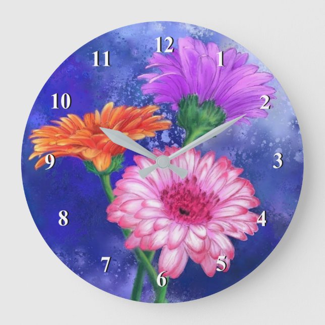 Gorgeous Three Colour Gerberas - Migned Drawing Ar Large Clock (Front)