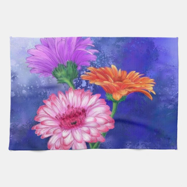 Gorgeous Three Colour Gerberas - Migned Drawing Ar Tea Towel (Horizontal)