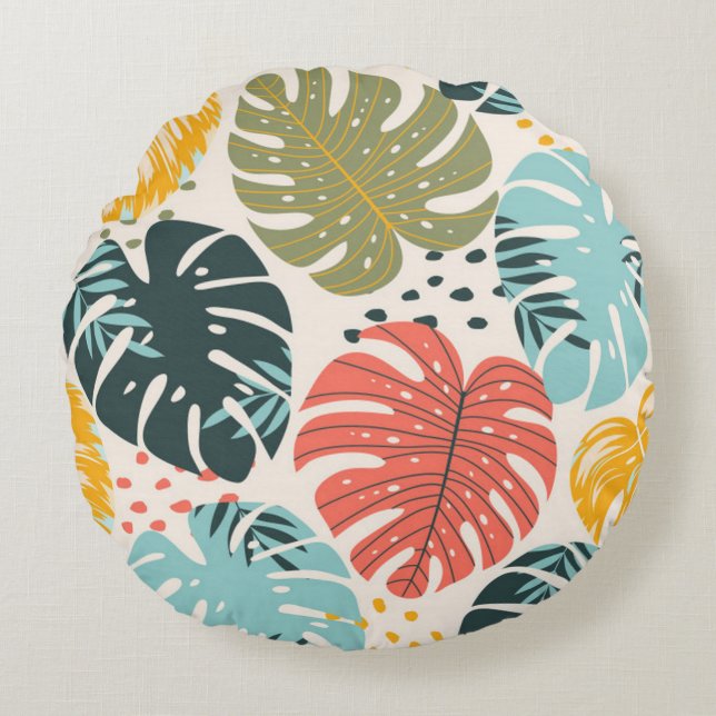 Gorgeous Tropical Monstera Leaves Round Cushion (Front)