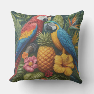Gorgeous tropical Pineapple Parrot and flowers Cushion
