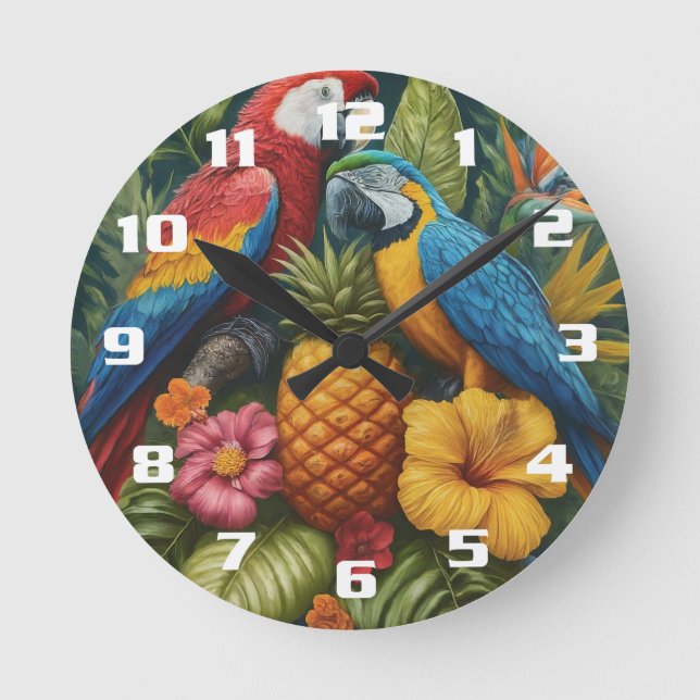 Gorgeous tropical Pineapple Parrot and flowers Round Clock (Front)