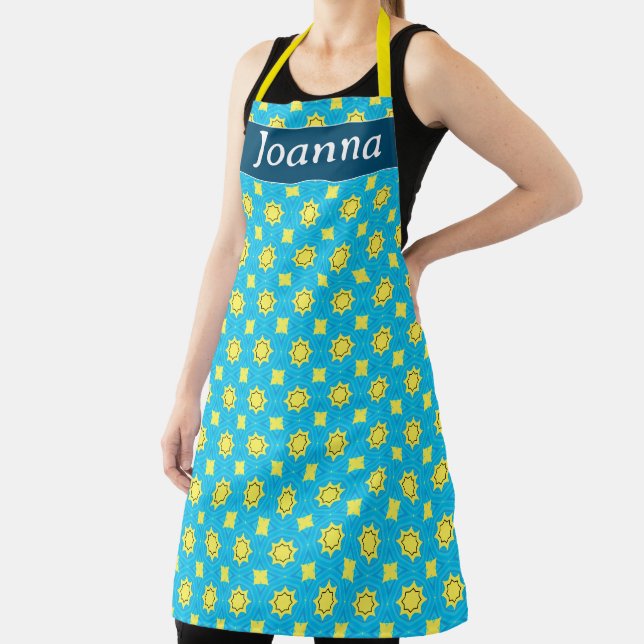Gorgeous turquoise blue with geometric pattern apron (Insitu)