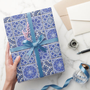 Gorgeous Vintage Pattern Blue and White Tiles Wrapping Paper
