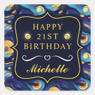 Gorgeous Watercolor Blue Starry Night Birthday Square Sticker