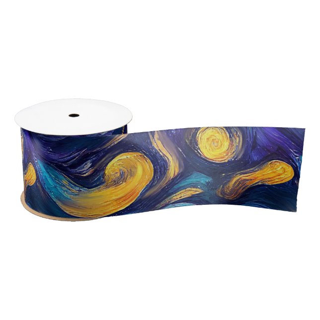 Gorgeous Watercolor Blue Starry Night Painted Satin Ribbon (Spool)