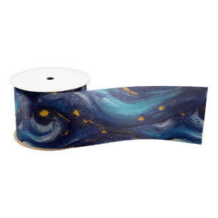 Gorgeous Watercolor Blue Starry Night Painted Satin Ribbon
