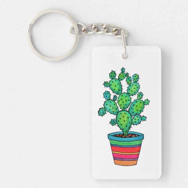 Gorgeous Watercolor Cactus In Beautiful Pot Key Ring (Front)