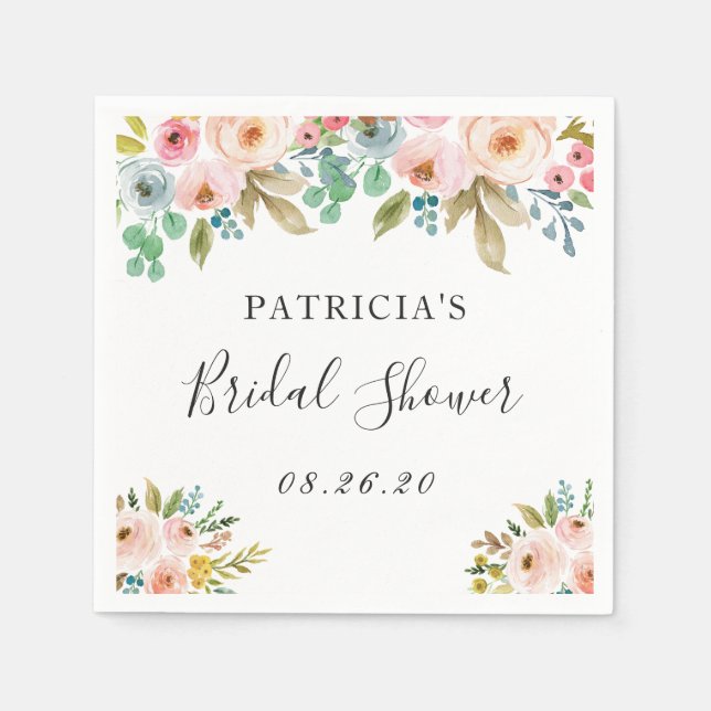 Gorgeous Watercolor Pastel Floral Bridal Shower Napkin (Front)