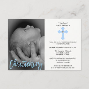 Gorgeous White Blue Cross Boy PHOTO Christening Invitation