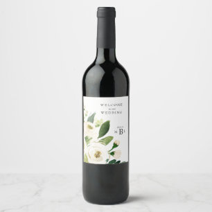 Gorgeous White Floral Monogram Wedding Wine Label
