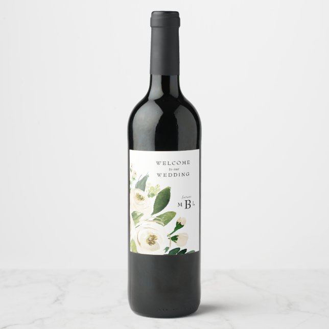 Gorgeous White Floral Monogram Wedding Wine Label (Front)