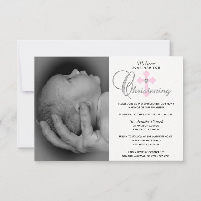 Gorgeous White Pink Cross Girl PHOTO Christening Invitation (Front)
