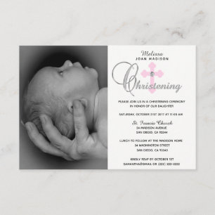 Gorgeous White Pink Cross Girl PHOTO Christening Invitation