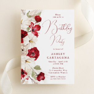 Gorgeous White & Red Floral Birthday Party Invitation