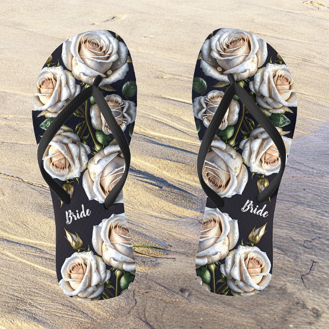Gorgeous white roses with golden details, bride  jandals (Creator Uploaded)