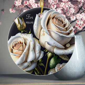 Gorgeous white roses with golden details ceramic tree decoration