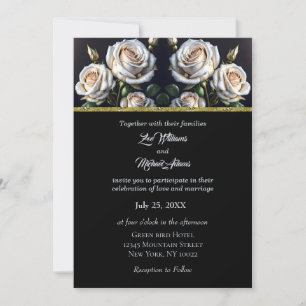 Gorgeous white roses with golden details, elegant invitation