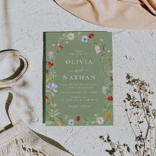 Gorgeous Wildflower Wreath Sage Wedding Invitation