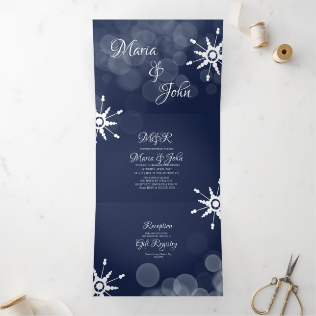 Gorgeous Winter Wedding Snowflakes Bokeh Lights Tri-Fold Invitation (Inside)