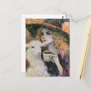 Gorgeous Witch and a White Angora Goat Coffee Postcard