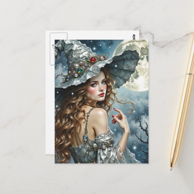 Gorgeous Witch in Silver Dress and Hat Full Moon Postcard (Front/Back In Situ)