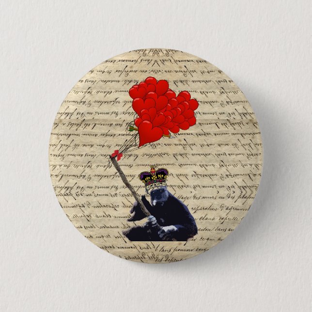 Gorilla and heart balloons 6 cm round badge (Front)
