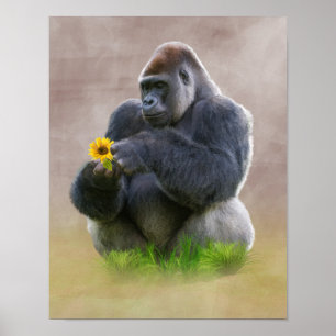 Gorilla and Yellow Daisy Poster