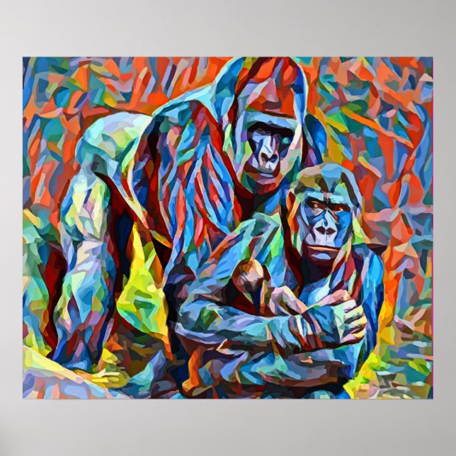 Gorilla Ape Family Abstract Animals Wildlife Art Poster (Front)