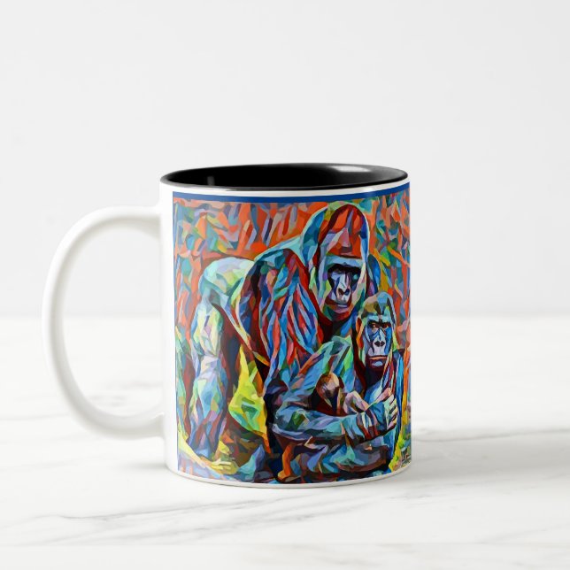 Gorilla Ape Family Abstract Animals Wildlife Art Two-Tone Coffee Mug (Left)