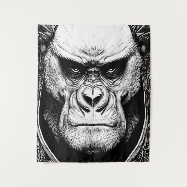Gorilla Ape Wild Nature Illustration Line Epic Art Tapestry (Front)