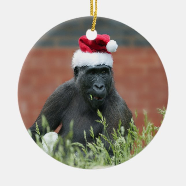 Gorilla At Christmas Ceramic Tree Decoration (Front)