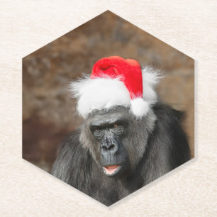 Gorilla Biddy in a Festive Christmas Hat Paper Coaster