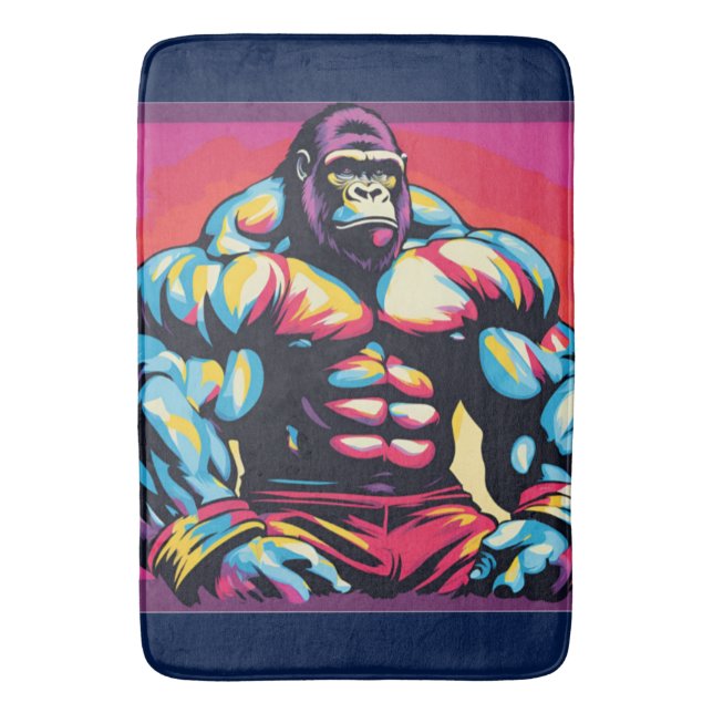Gorilla Bodybuilder Lifter Pop Art Cartoon Bath Mat (Front Vertical)