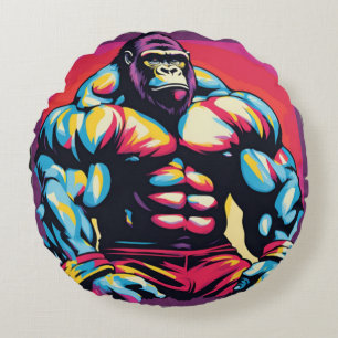 Gorilla Bodybuilder Lifter Pop Art Cartoon Round Cushion